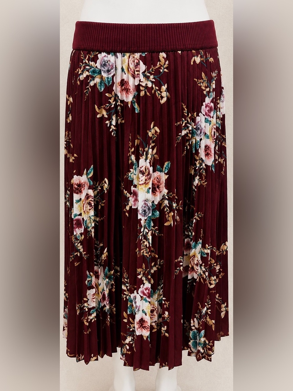 Burgundy Floral Pleated Midi Skirt Pull-On Elastic Waist XL